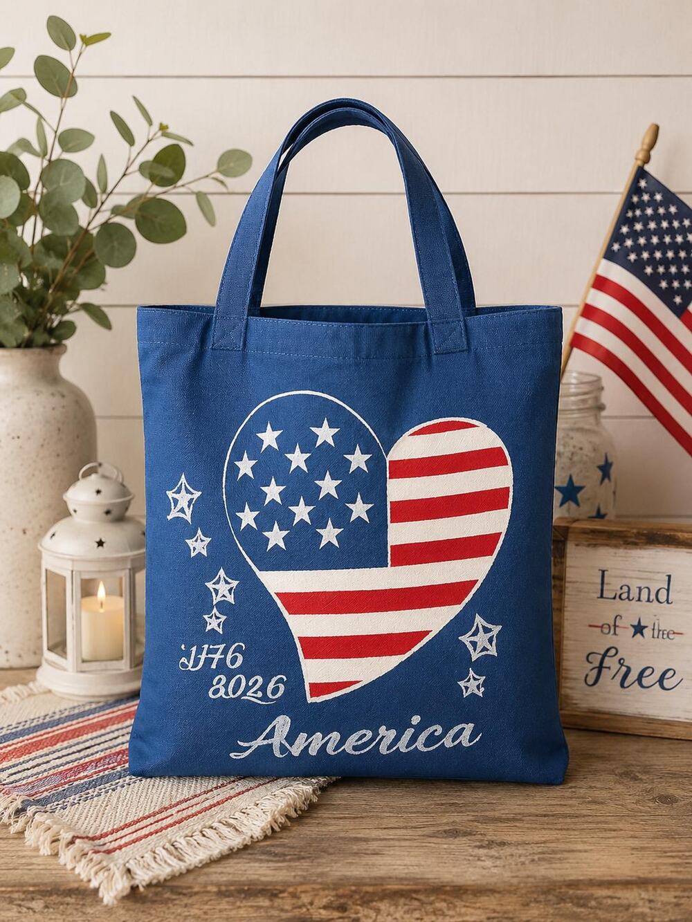 Patriotic Heart Canvas Tote Bag | America 250 | Hand-Painted Americana Bag